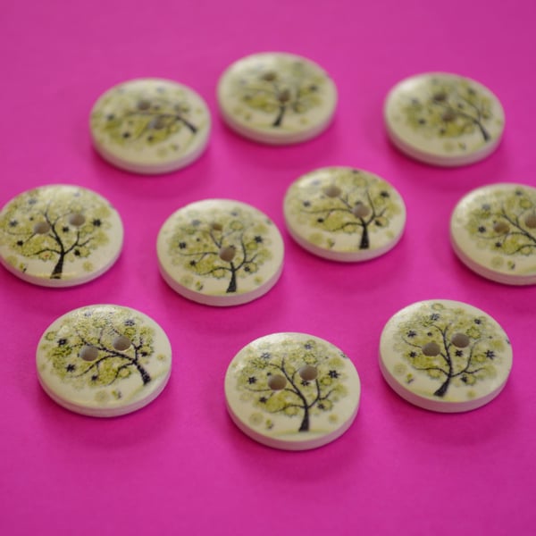 15mm Wooden Tree Blossom Buttons Green White 10pk Leaves (ST9)