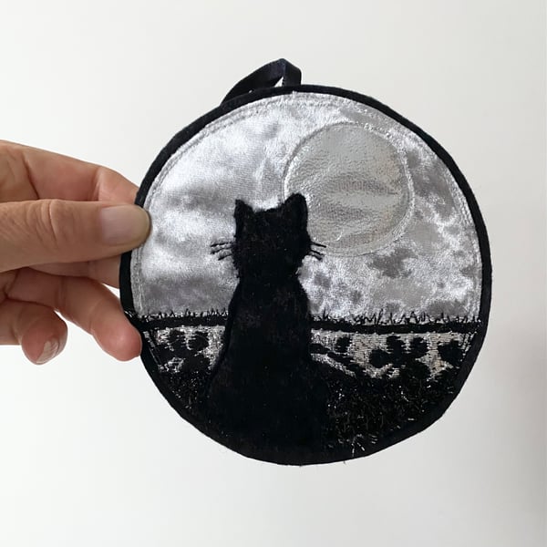 Cat and full moon up cycled seasonal home decoration. 
