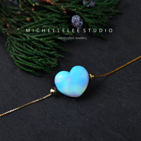 Large White Heart 3D Fire Opal Heart necklace With 925 Sterling Silver Bracelet