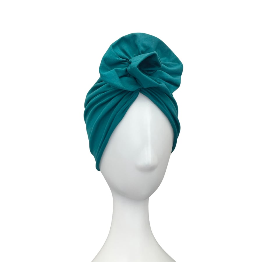 Teal Women's Turban Hat, Rosette Hair Turban, Stretch Jersey Turban, Alopecia 