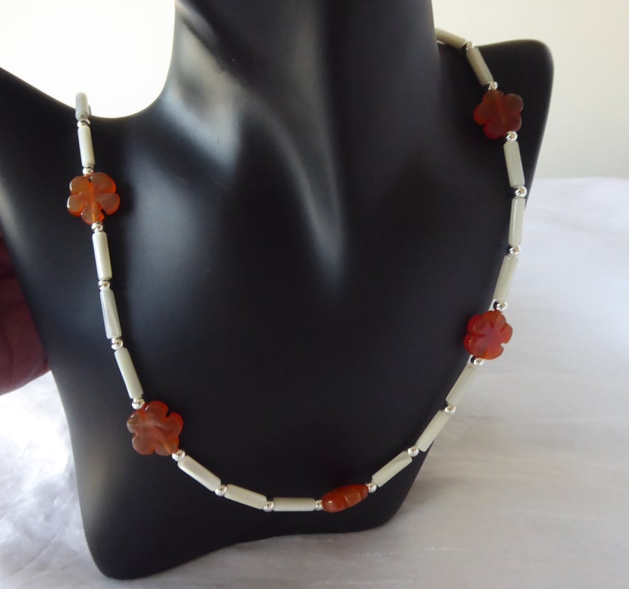 Mother of Pearl & Sterling Silver Beaded Necklace Featuring 5 Red Agate Flowers