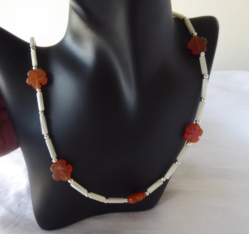 Mother of Pearl & Sterling Silver Beaded Necklace Featuring 5 Red Agate Flowers