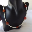 Mother of Pearl & Sterling Silver Beaded Necklace Featuring 5 Red Agate Flowers
