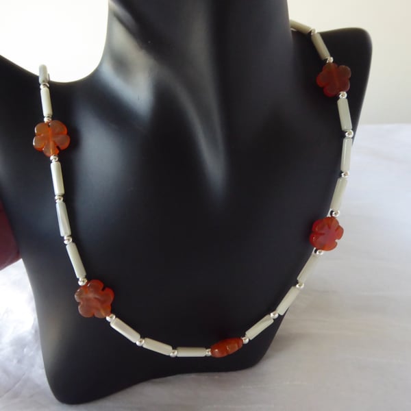 Mother of Pearl & Sterling Silver Beaded Necklace Featuring 5 Red Agate Flowers