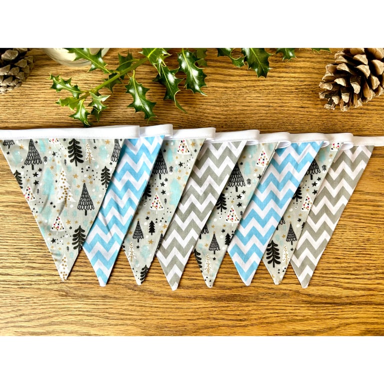 Handmade Grey, White & Blue Christmas Tree Bunting - Handmade Fabric Garland