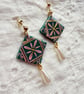 Emerald Green Ornate Pink Floral Tile Statement Earrings - Image 2