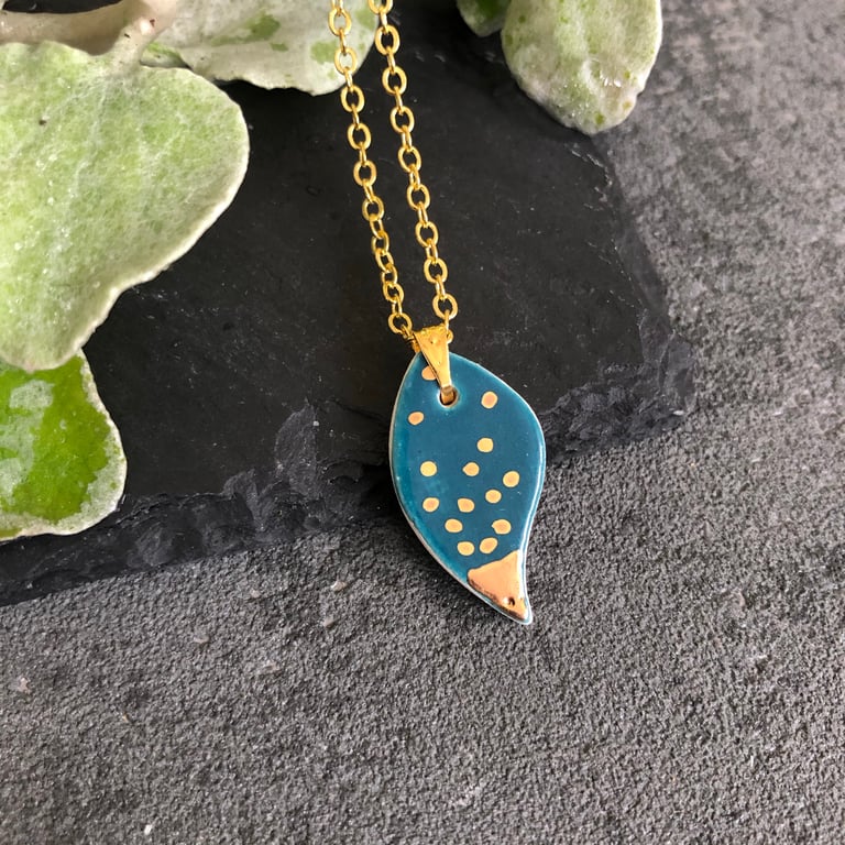 Ceramic leaf necklace - petrol blue