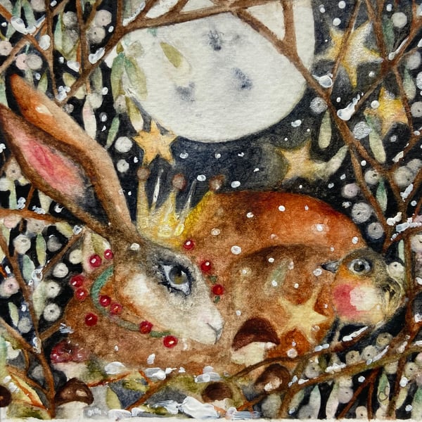  Mounted Original Watercolour Winter Christmas Hare and Bird 