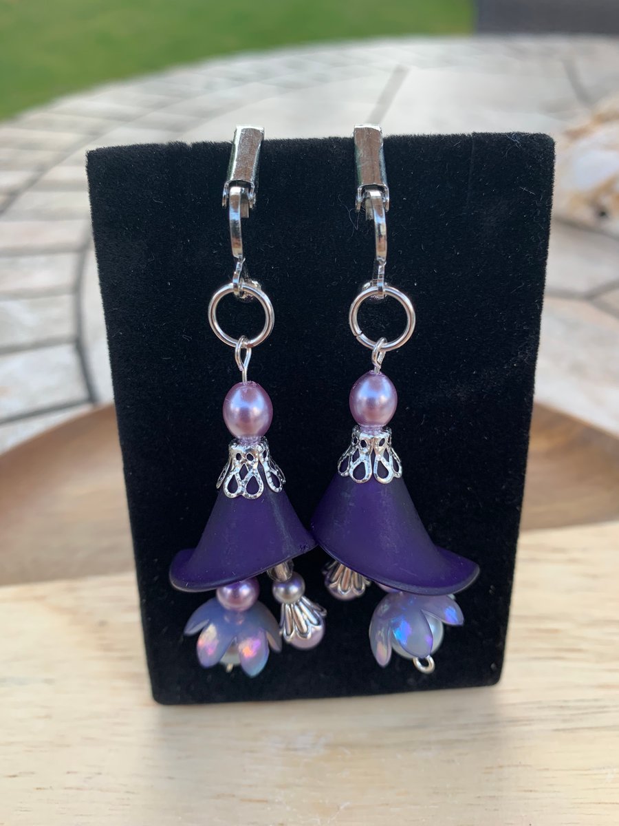 Deep Purple Clip- on Flower Crystal and  Pearl Statement Dangle Earrings