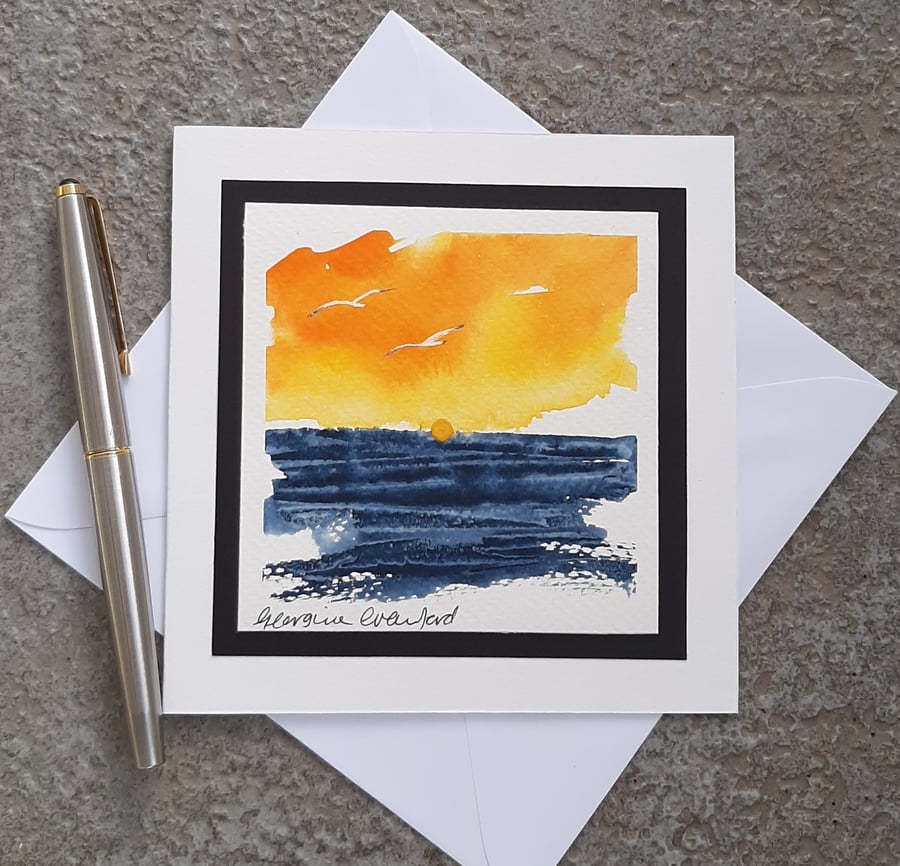 Handpainted Blank Card. Sunset Seascape. The Card That's Also A Keepsake
