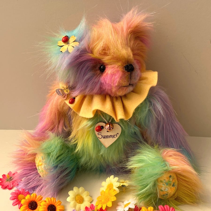 Rainbow teddy bear, ooak collectable artist bear, collectors embroidered bear