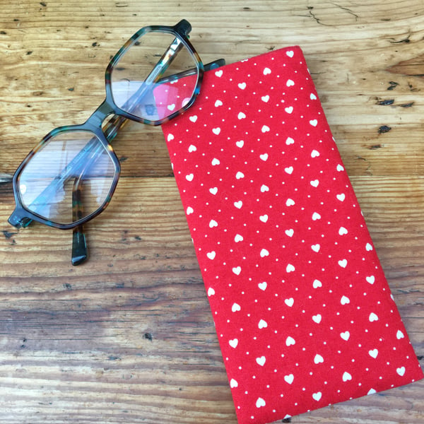 Glasses case - Red & white hearts and dots fabric glasses case