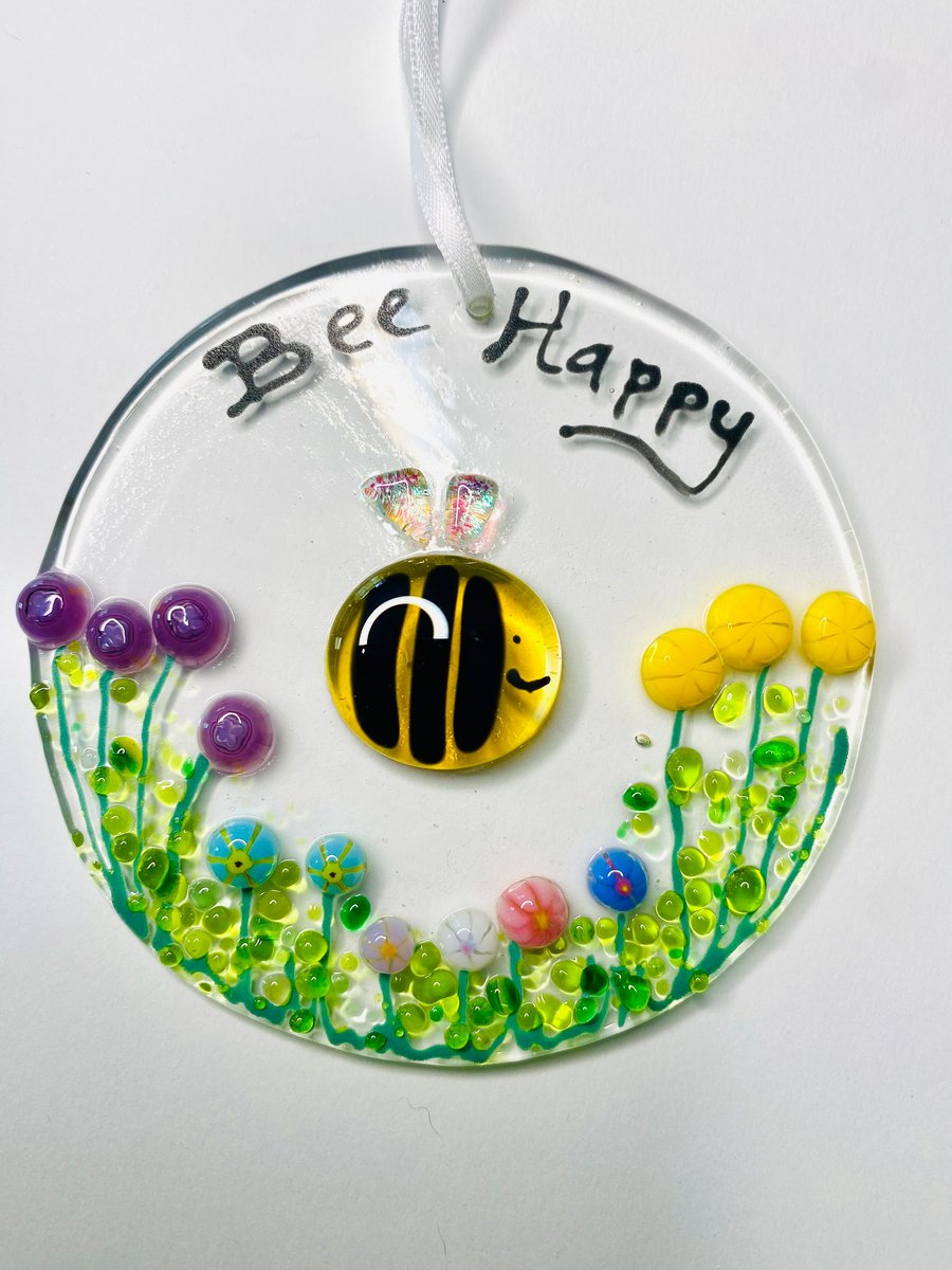 Fused glass bee happy unique floral sun catcher 
