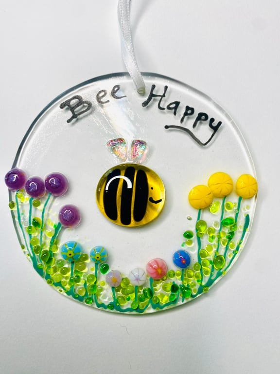 Fused glass bee happy unique floral sun catcher 