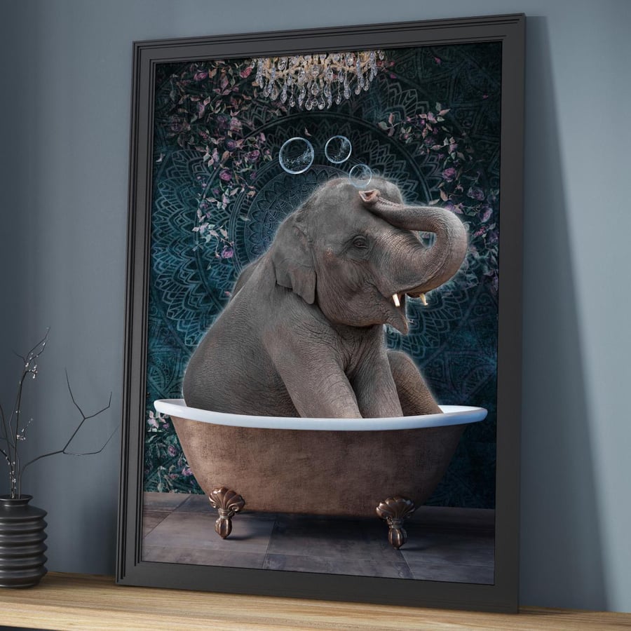 Elephant in Bath Art Print, Bathroom Wall Art, Elephant Arty Print, Home Decor