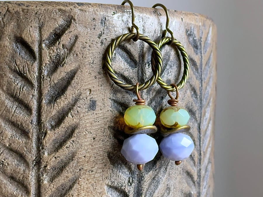 Lilac & Green Faceted Glass Bead Earrings. Brass Hoop Earrings. Bohemian Style