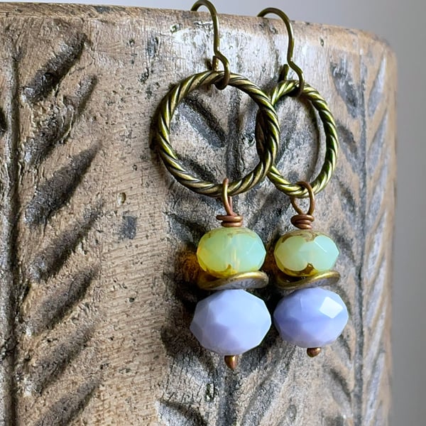 Lilac & Green Faceted Glass Bead Earrings. Brass Hoop Earrings. Bohemian Style