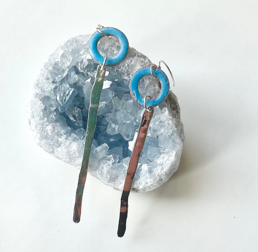 Organic Silver And Enamelled Copper Dangle Earrings 
