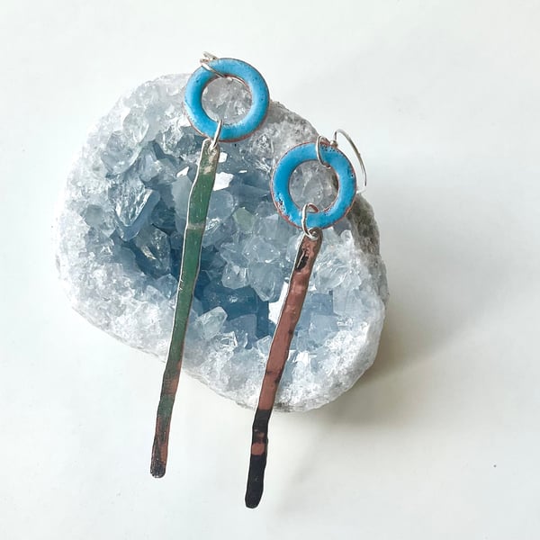 Organic Silver And Enamelled Copper Dangle Earrings 