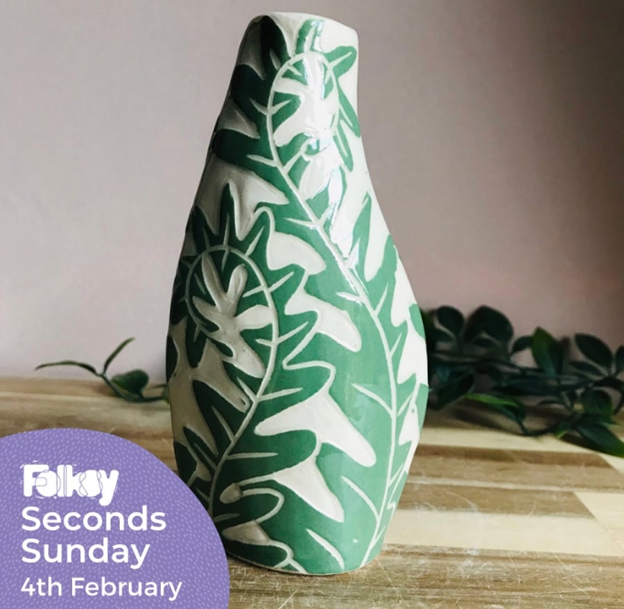SECONDS SUNDAY Handmade stoneware sgraffito fern leaf bud vase