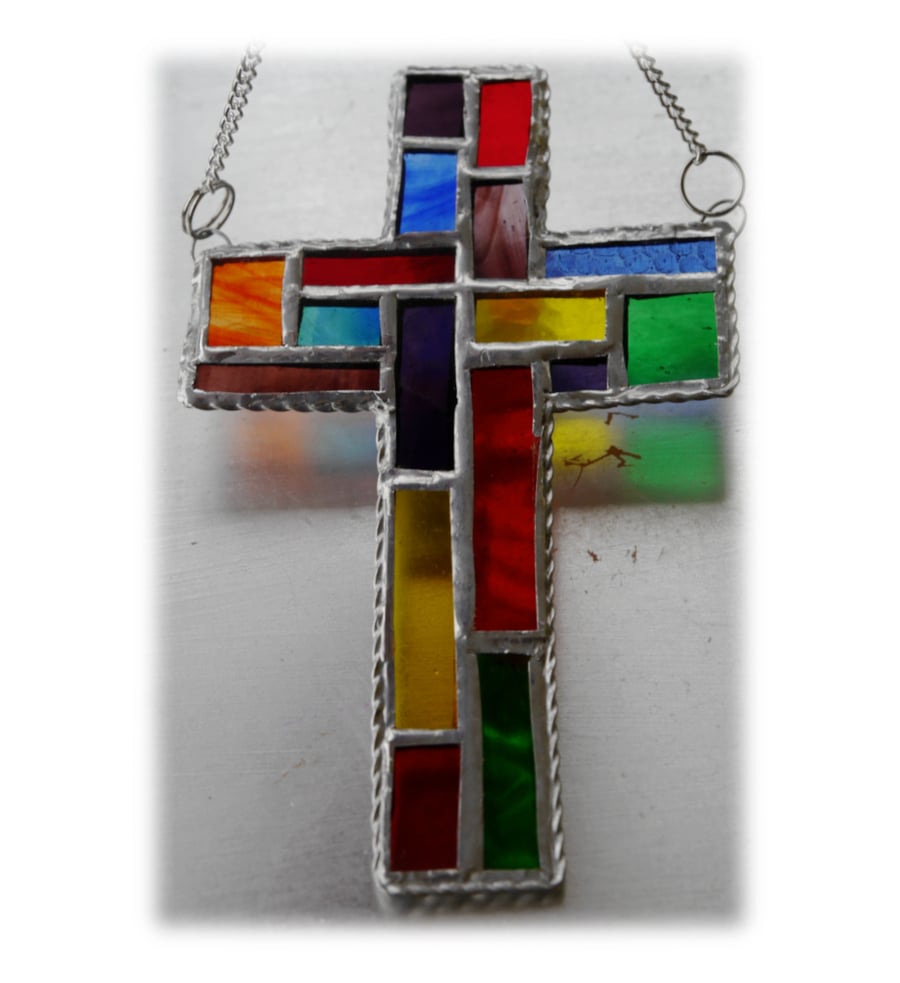  Cross Suncatcher Stained Glass  Patchwork Rainbow Handmade 024