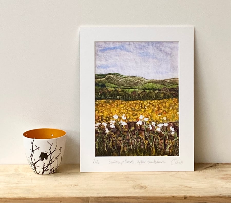 Buttercup field landscape mounted textile art print of Yorkshire. 