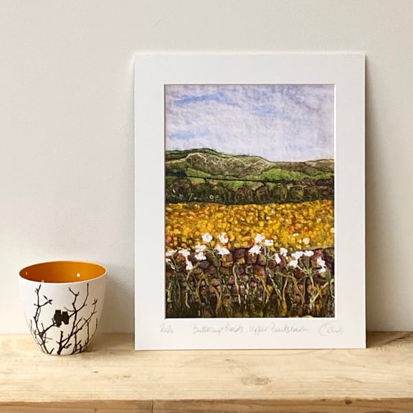 Buttercup field landscape mounted textile art print of Yorkshire. 
