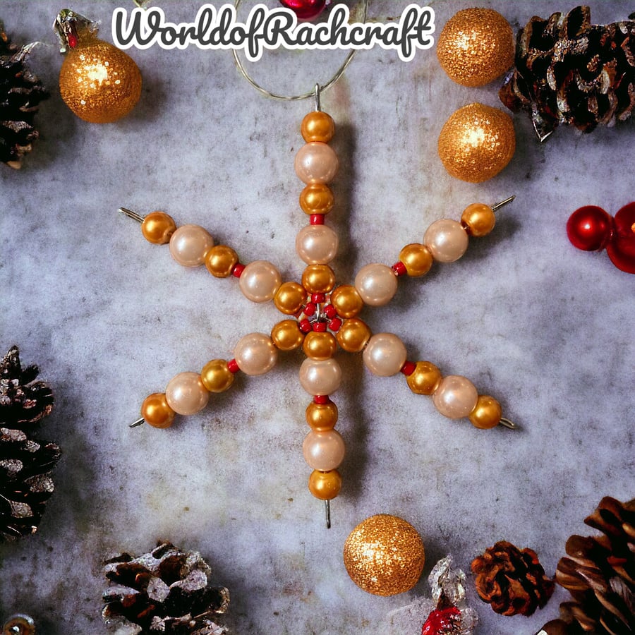 Gold, pink & red beaded snowflake tree ornament