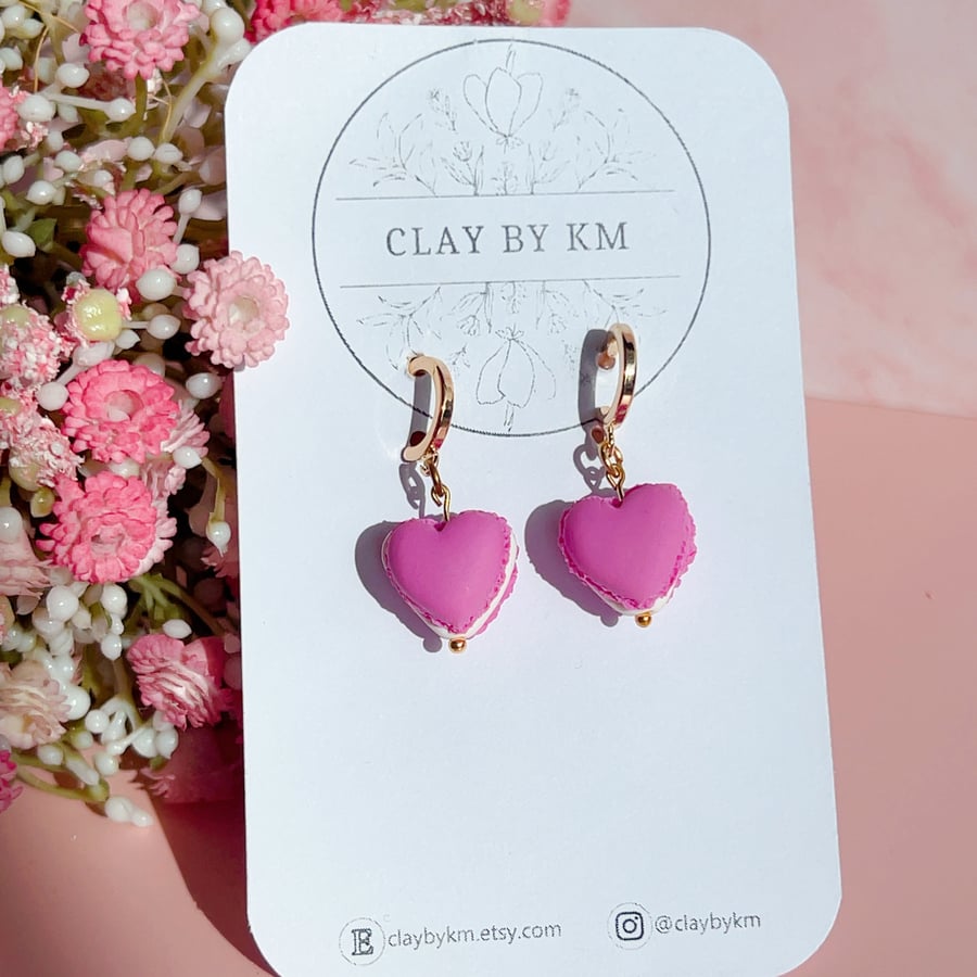 Pink Heart Macaron Earrings - Handmade Clay Food Jewelry - Free UK Delivery