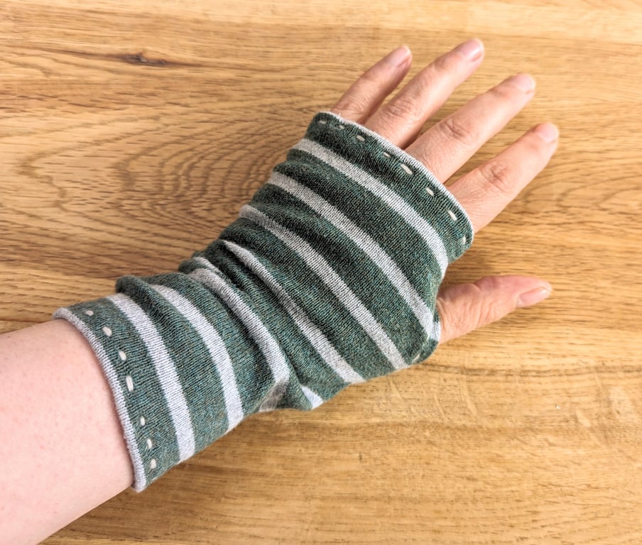 Stripey Green Soft Cotton Wrist Warmers Upcycled from recycled knitwear