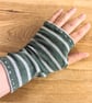 Stripey Green Soft Cotton Wrist Warmers Upcycled from recycled knitwear - Image 1