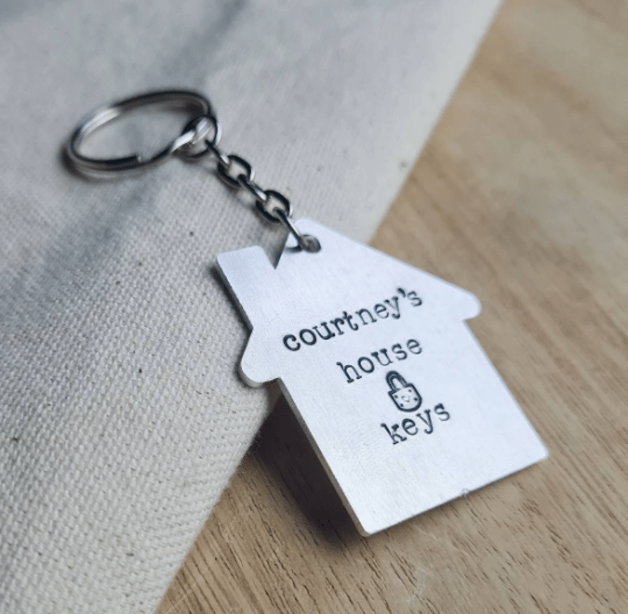 Personalised Metal Keyring Name House Keys, New Home Stamped Housewarming Gift