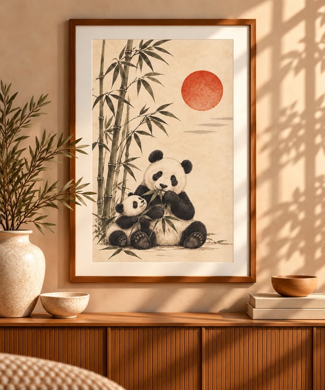 Mother And Cub Wall Art - Japandi Panda Print (Physical Print)