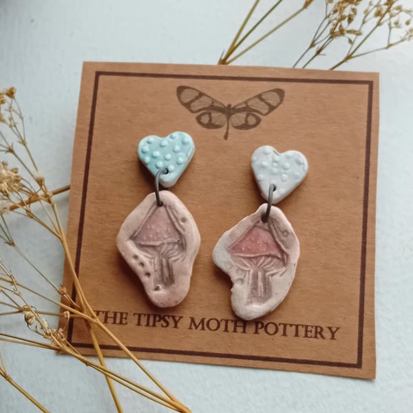 Mushroom heart rustic  porcelain clay earrings surgical steel 