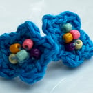 Blue flower earrings with coloured beads. 925 Sterling silver pierced earrings 