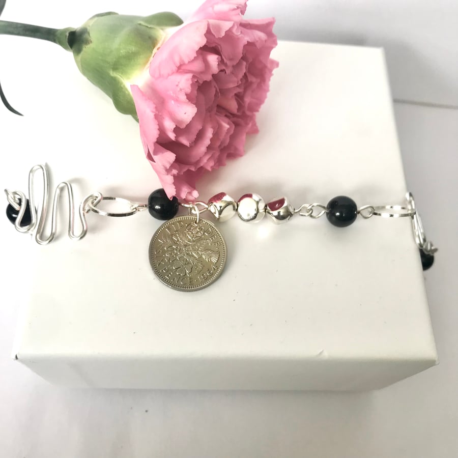 60th Birthday Sixpence Silver Bracelet Featuring Onyx Beads - Perfect Gift