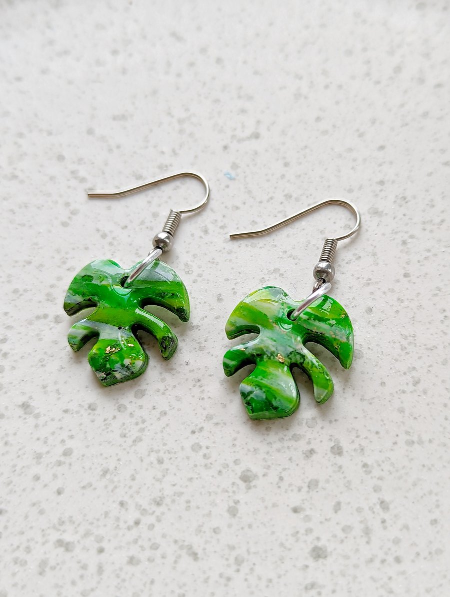 Mixed Green Monstra Leave Earrings