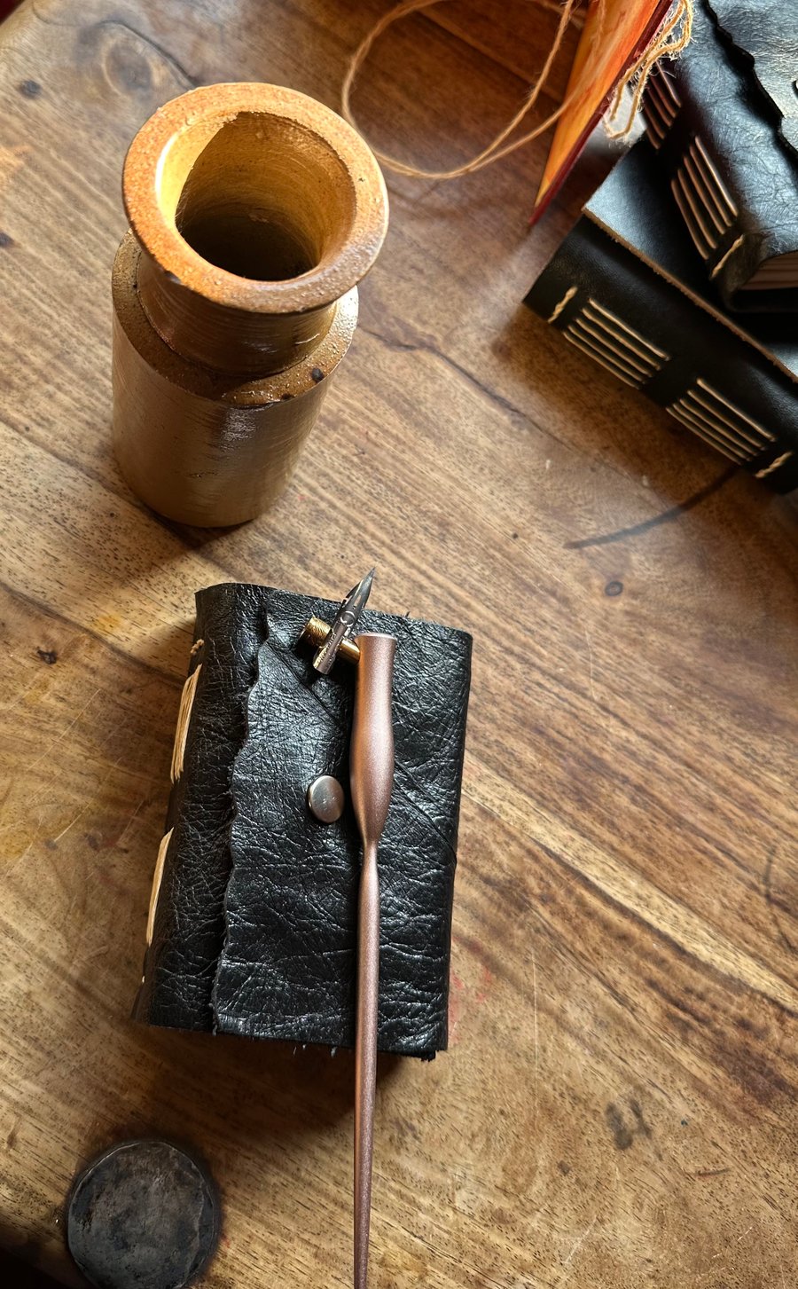 Up cycled soft leather, hand made long stitch pocket journal, press stud closure