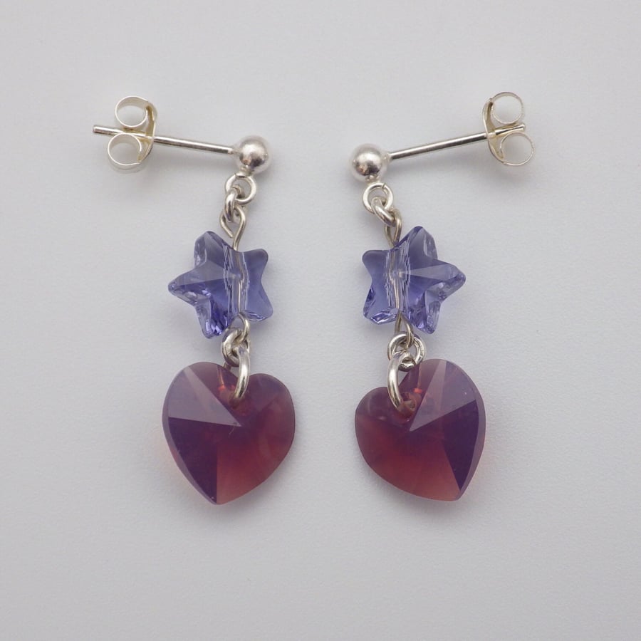 Pale purple Swarovski heart bead earrings with blue Swarovski stars