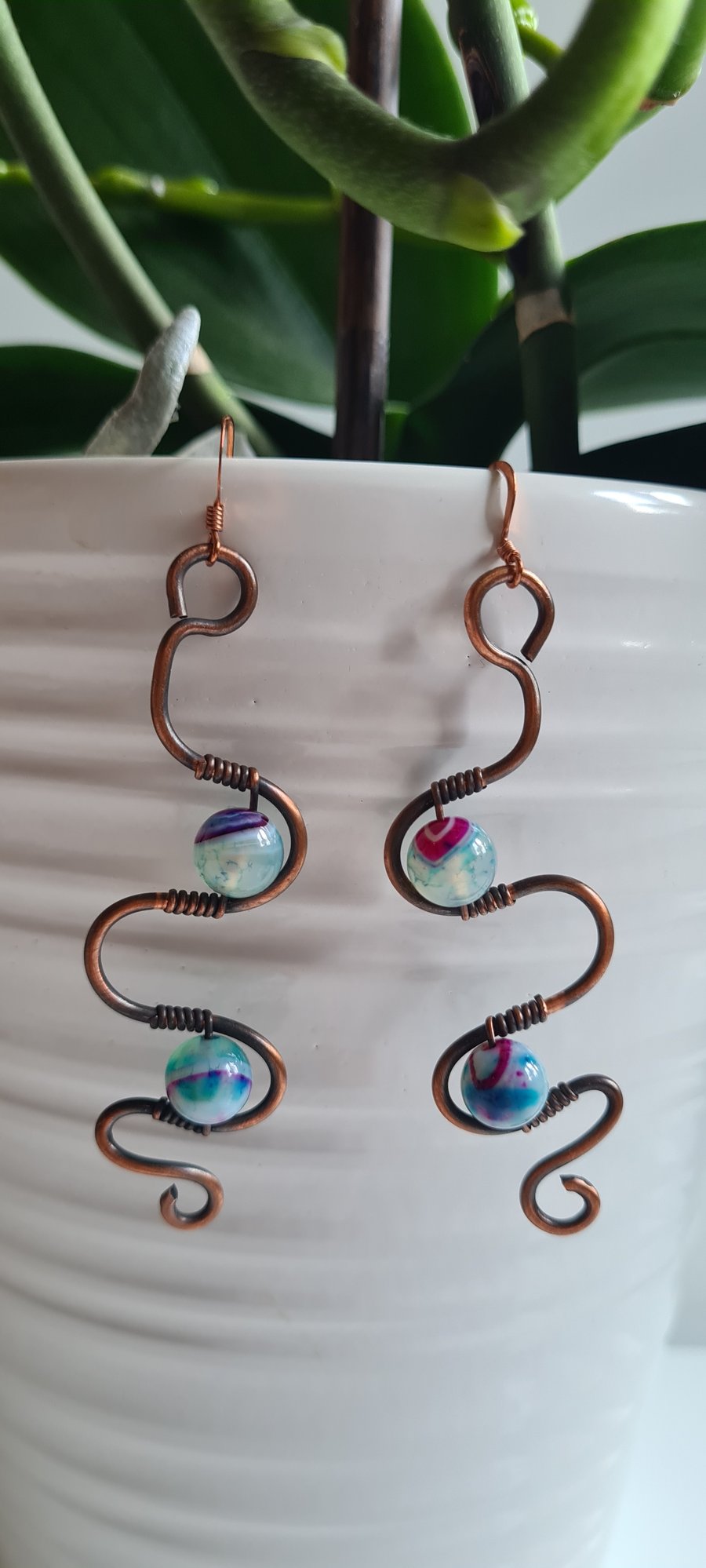 Handmade Funky Agate & Copper Dangle Earrings Gift Boxed Crystal Jewellery