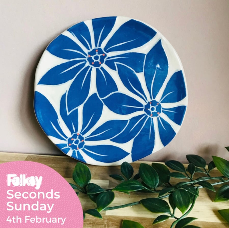 SECONDS SUNDAY Handmade stoneware blue flower side plate spoon rest coaster 