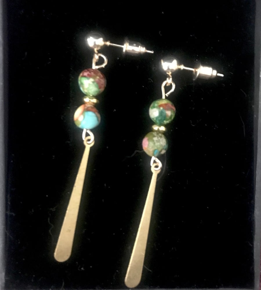 Earrings, Semi Precious Imperial Jasper - Dangle - Gold Plate, Freepost