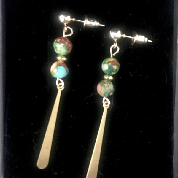Earrings, Semi Precious Imperial Jasper - Dangle - Gold Plate, Freepost