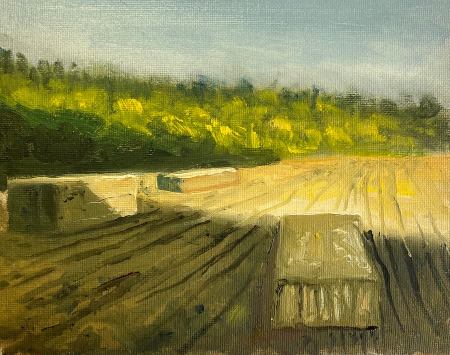 Haybales boosbeck last light (Oil on canvas board 8” x 6”)