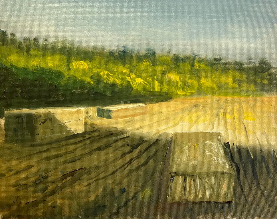 Haybales boosbeck last light (Oil on canvas board 8” x 6”)