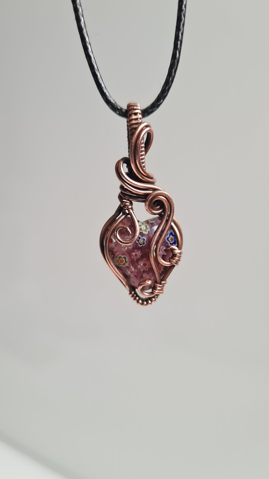 Pink Millefiori Style Beaded Heart & Copper Necklace Pendant Gift Jewellery 