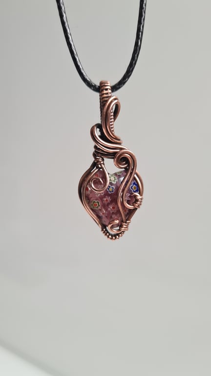 Pink Millefiori Style Beaded Heart & Copper Necklace Pendant Gift Jewellery 
