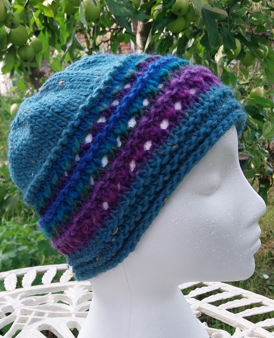 Handknit chunky wool hat col 3 Teal