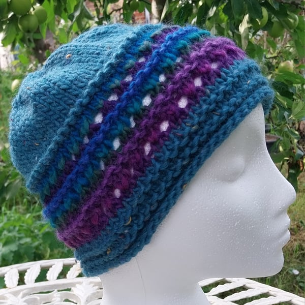 Handknit chunky wool hat col 3 Teal