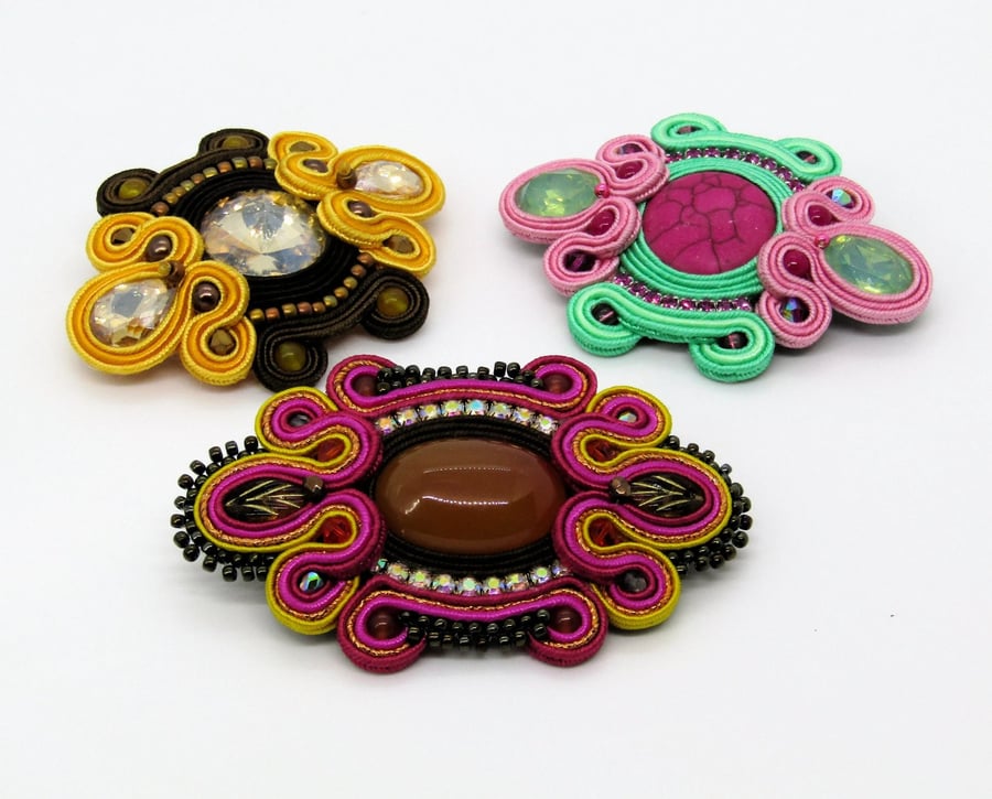 Soutache Brooch Choice Pink Green Gold Black Statement Handmade UK